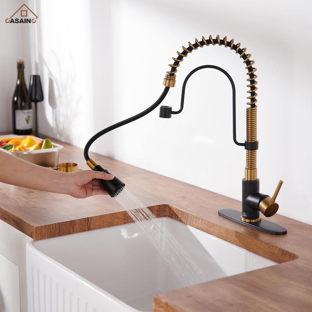 Matte Black and Brushed Gold Stainless Steel Pull Down Kitchen Faucet