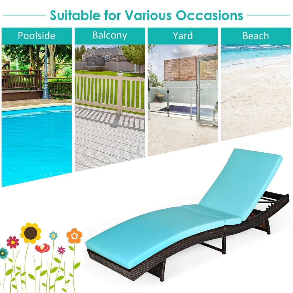 Turquoise Foam Cushion Brown Steel Frame Adjustable Outdoor Lounge Chair