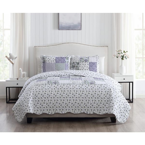 Morgan Home Brenna 3 Piece Lavender Full Queen Floral Patchwork Quilt Set M559396 The Home Depot