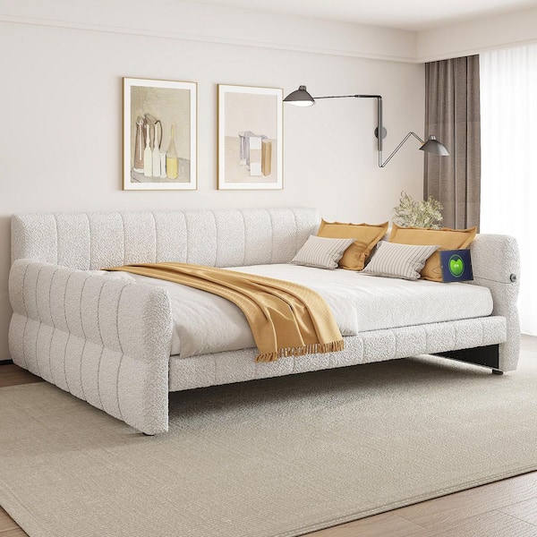 Cornelius Modern White Wood Frame King Size Lambswool Fabric Upholstered Platform Bed with USB Ports