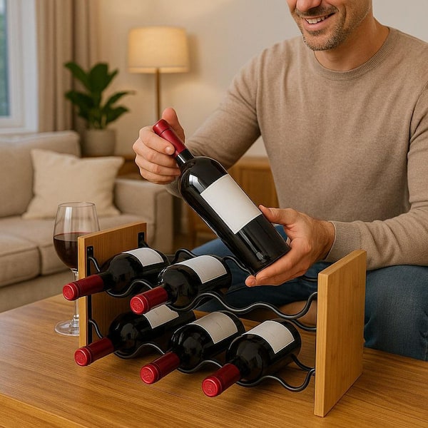 Creative Home Acacia Wood and Black Wire Wine Rack, Whine Bottle