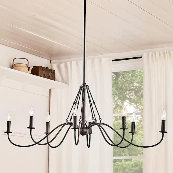 Freesia 20 in. 8-Light Textured Black Vintage Candle Oval Chandelier for Dining Room