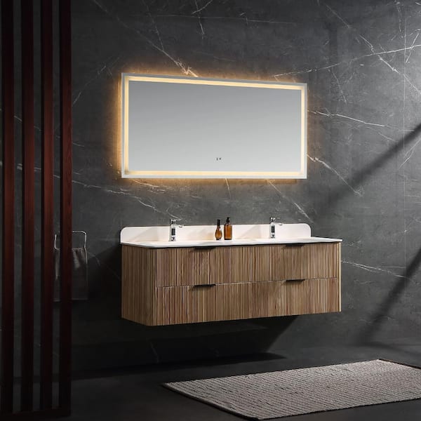 Wenlorin 60 in. Double Sinks Floating Oak Bath Vanity with White Acrylic Top Pre-Assembled