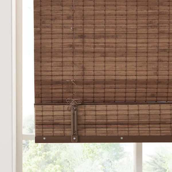 Lyndon Teak 27 in. W x 64 in. L Bamboo Light Filtering Roman Shade
