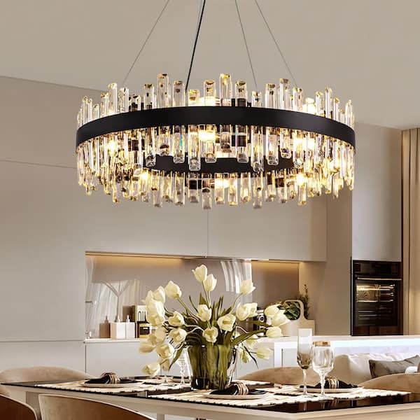 32 in. Modern 16-Light Black Crystal Chandelier Circle Round 2-Tiers Chandelier for Dining Living Room Bedroom