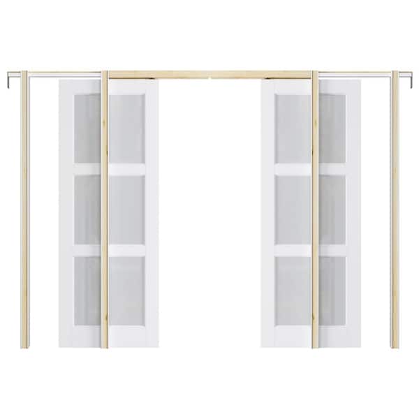60 in. x 80 in. 3-Lite Frosted Glass White Primed MDF Pocket Sliding Door with Pocket Door Hardware Set and Soft Close