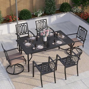 Black 7-Piece Metal Patio Outdoor Dining Set with Rectangle Table and Fashion Chairs with Beige Cushion