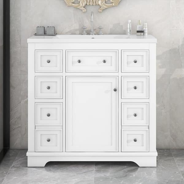 Unbranded 36 in. W. x 18 in. D x 34.5 in. H Freestanding Single Bath Vanity in White with White Ceramic Top
