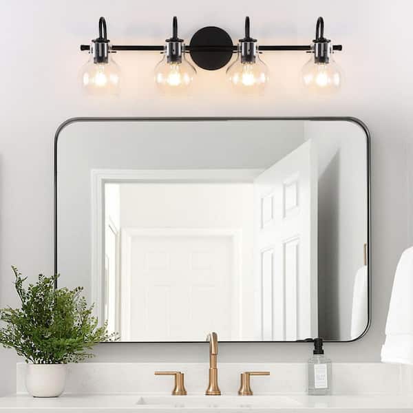 28.5 in. 4-Light Black Bathroom Vanity Light with Clear Glass Shade for Bathroom Modern Wall Sconce