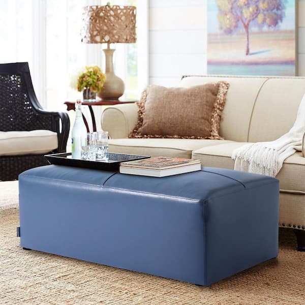 Uixe 44 in. Wide Mid-Century Navy Blue Genuine Leather Rectangle Ottoman(Set of 1)
