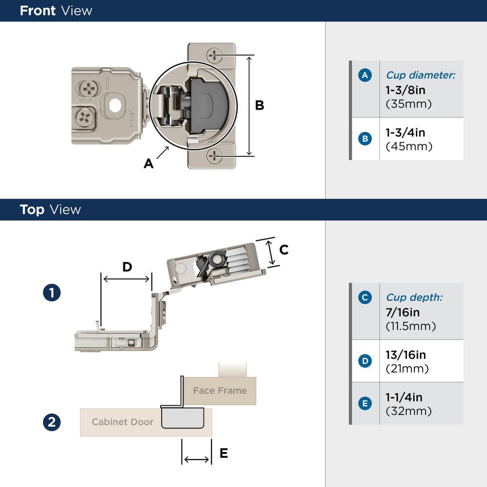 Nickel Soft Close 1-1/4 Inch Overlay Concealed Cabinet Hinge