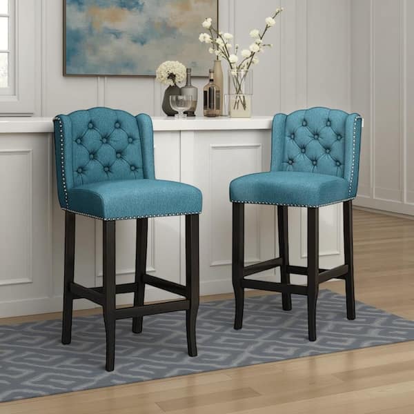 Benjara Seliva Teal and Brown Wood Frame Barstool Chair with Cushion (Set of 2)