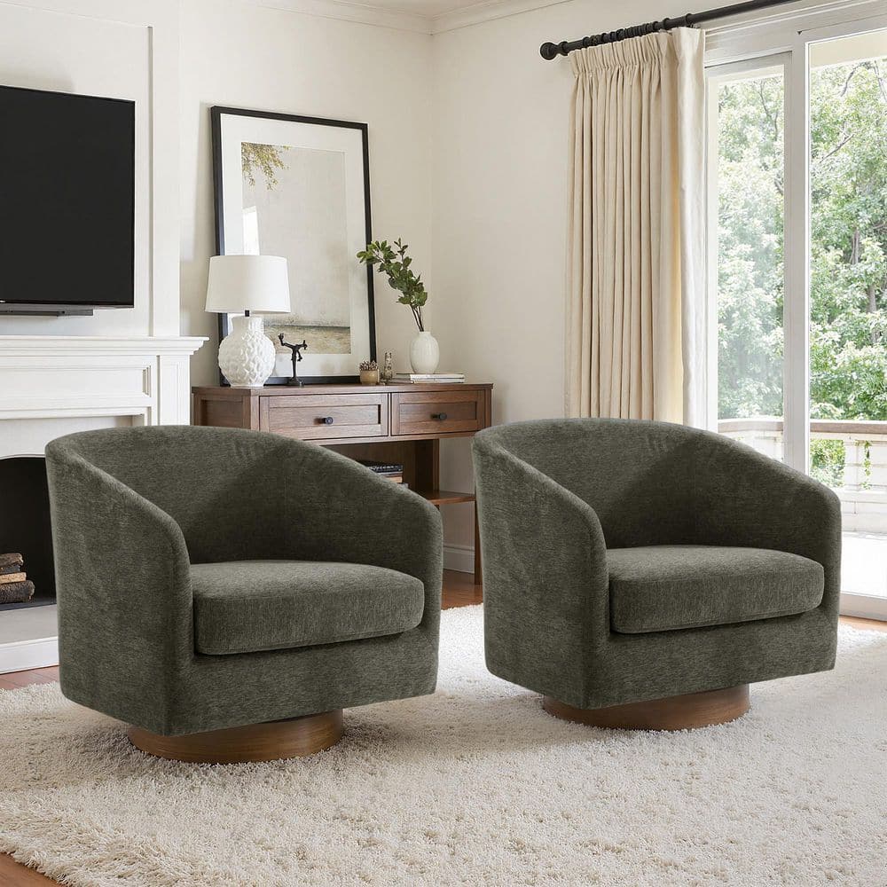 Uixe Tan Chenille Upholstered 360° Swivel Arm Chair With Wood Base