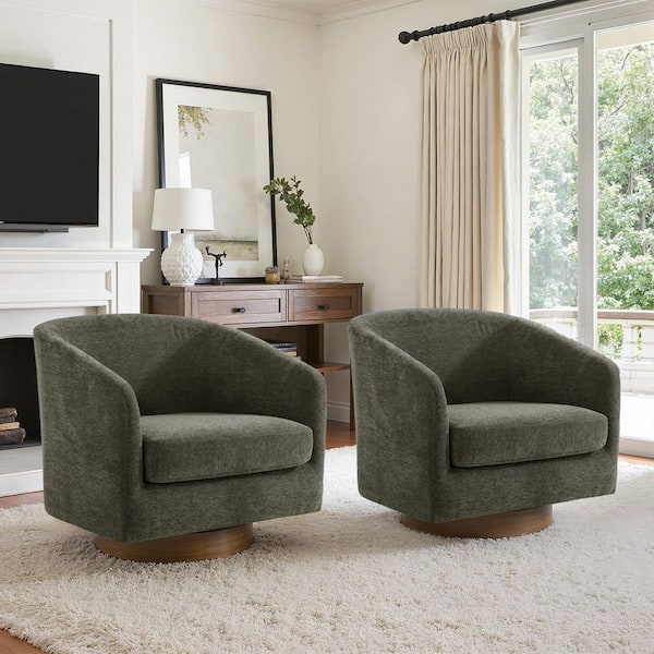 Tan Chenille Upholstered 360° Swivel Arm Chair With Wood Base (Set of 2)