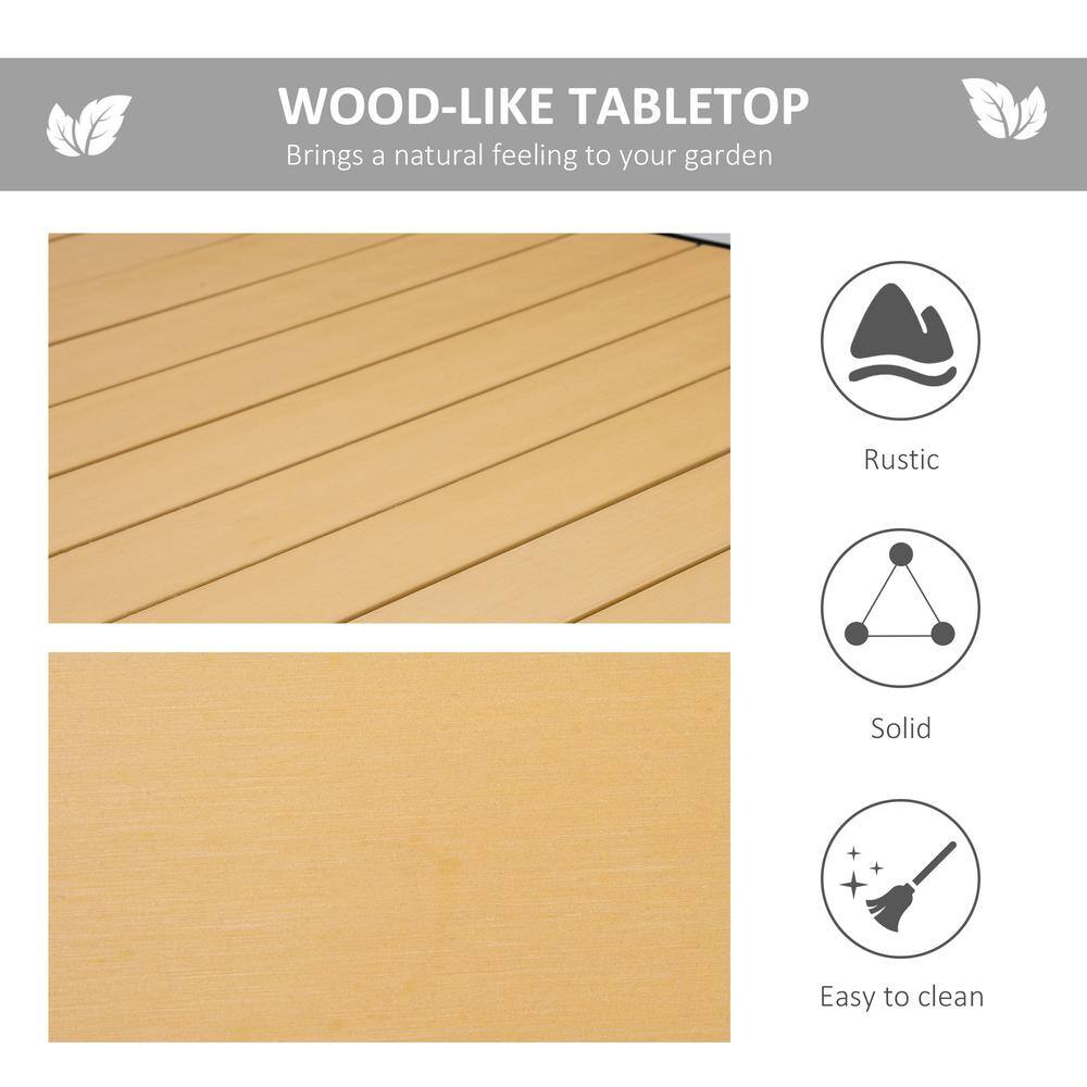 Natural Wood-Like Slat Top Rectangular Outdoor Dining Table with Black Aluminum Frame
