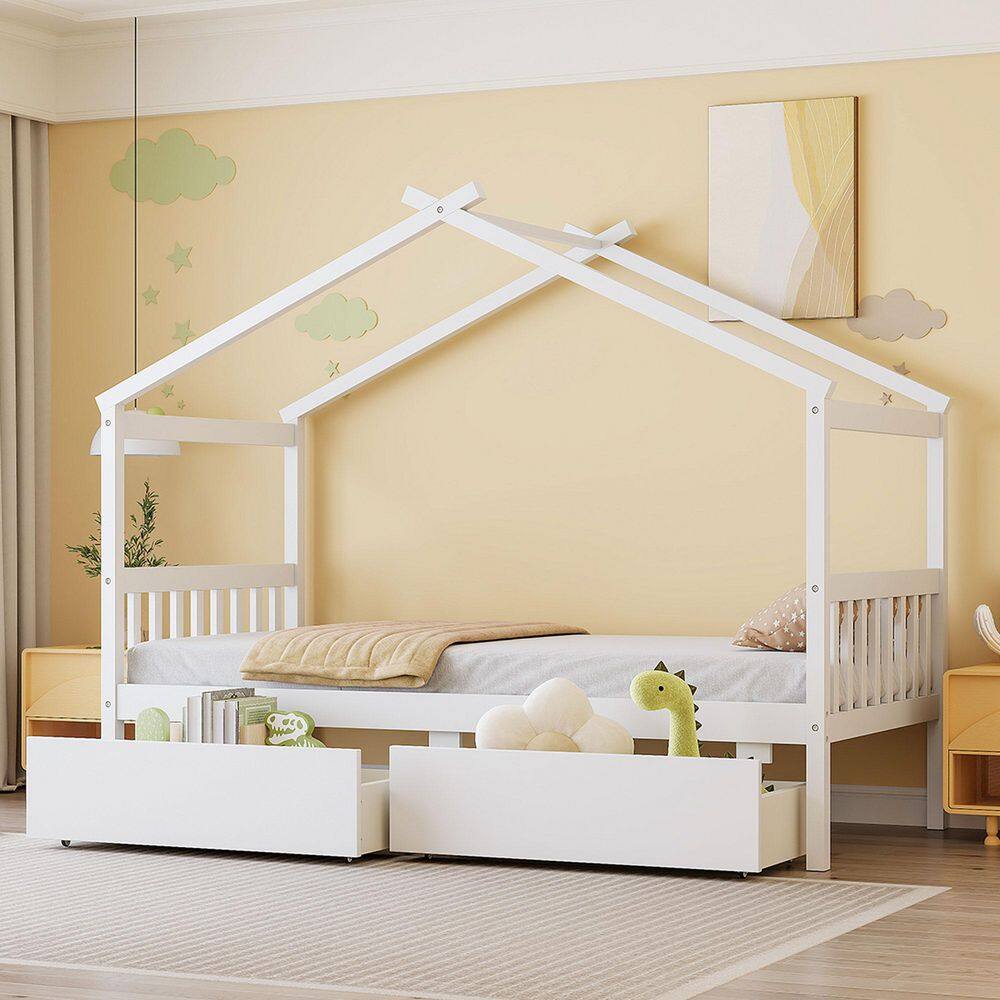 White Wood Frame Twin Size House Shape Platform Bed with Drawers price history on PriceWatchPro