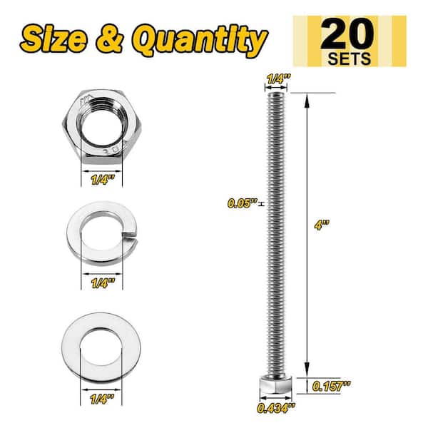 1/4 in.-20 x 4 in. Stainless Steel Hex Bolt with Nut, Washer and Lock Washer (20-Pack)