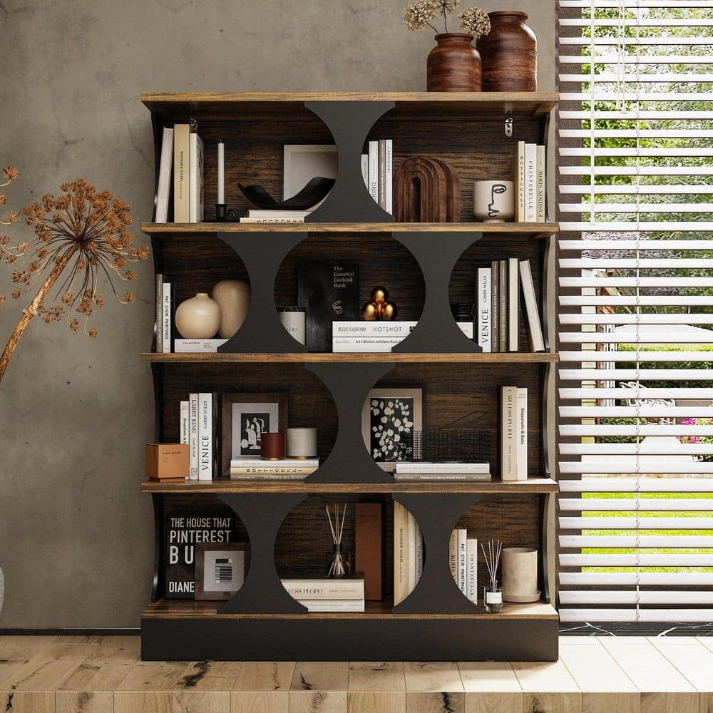 FUFU&GAGA 60 in. Tall Black and Walnut Wood 4-Shelf