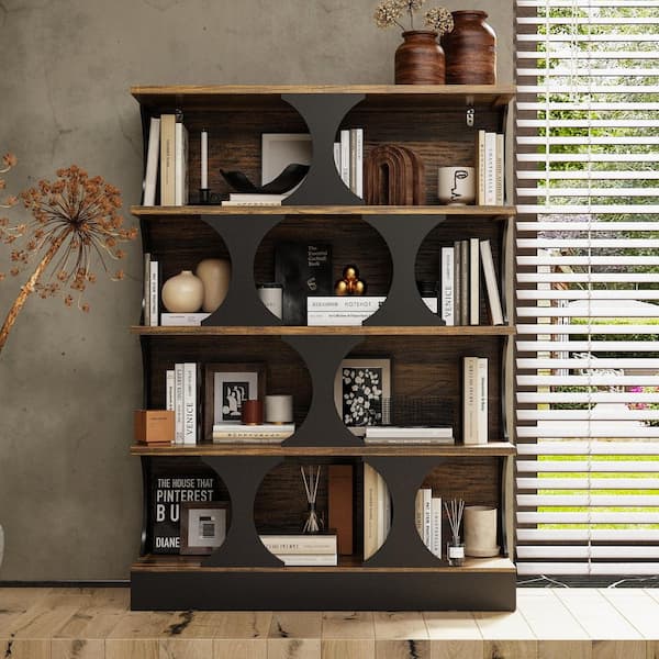 60 in. Tall Black and Walnut Wood 4-Shelf Geometric Bookcase with Open Display Design, Modern Living Room,Office Storage