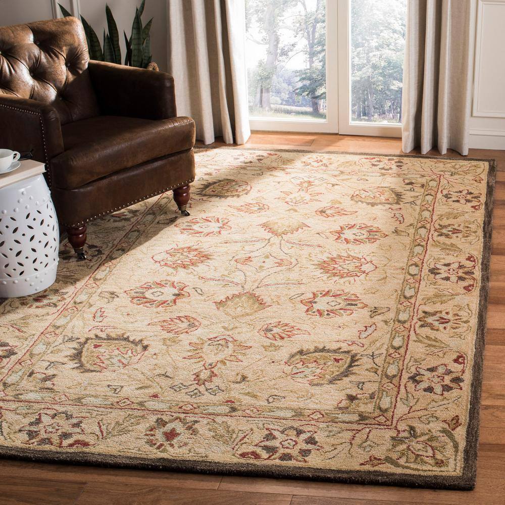 Beige Floral Handmade Wool 8' x 10' Area Rug