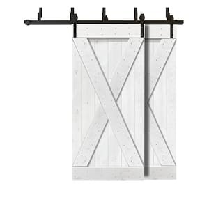 76 in. x 84 in. X Series Bypass White Stained Solid Pine Wood Interior Double Sliding Barn Door with Hardware Kit