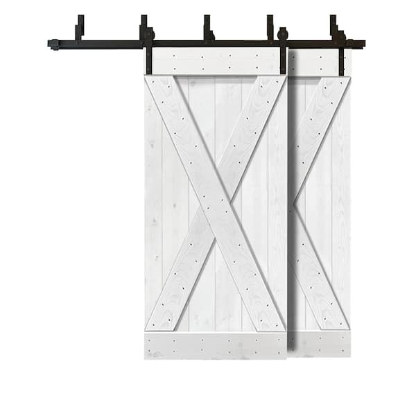 CALHOME 84 in. x 84 in. X Series Bypass White Stained Solid Pine Wood Interior Double Sliding Barn Door with Hardware Kit