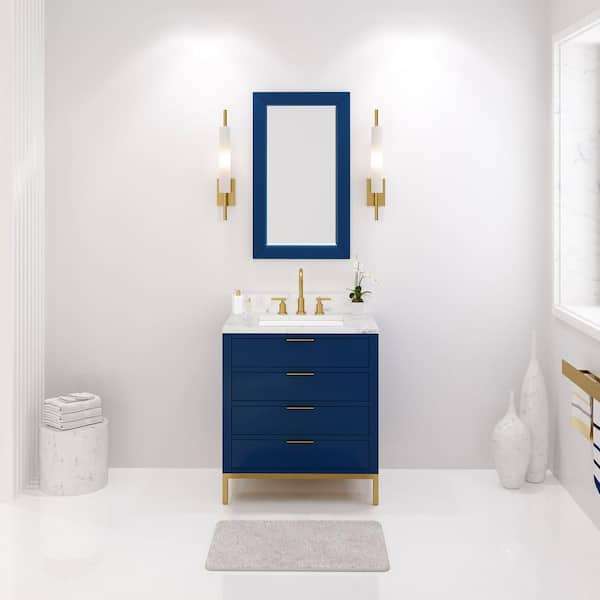 Water Creation Bristol 30 in. W x 21.5 in. D Vanity in Monarch Blue with Marble Top in White with White Basin and Grooseneck Faucet