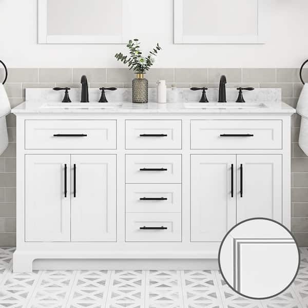 Doveton 60 in. Double Sink Freestanding White Bath Vanity with White Engineered Marble Top (Assembled)
