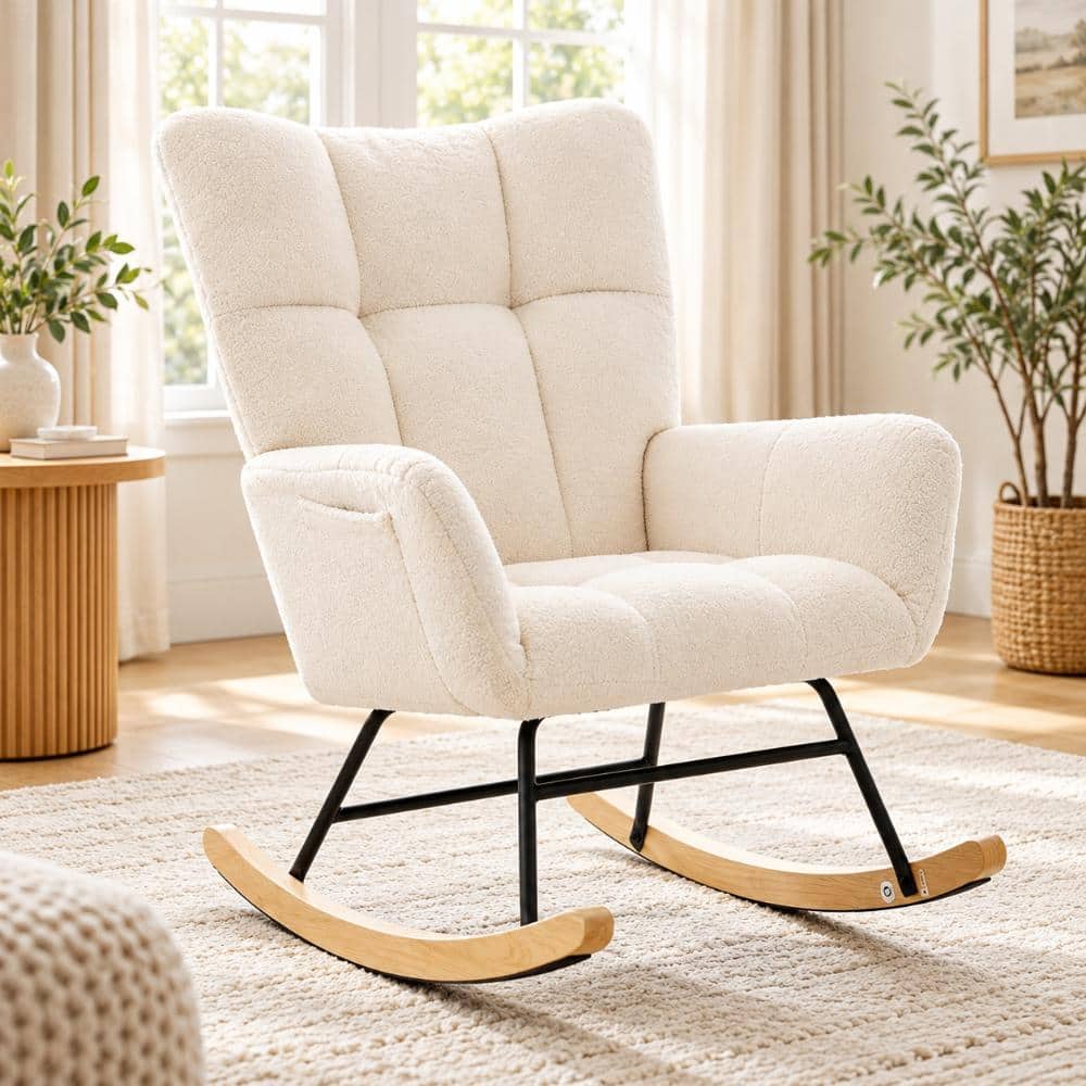 WONDER COMFORT Comfy Beige Teddy Fabric Upholstered Nursery Rocking ...