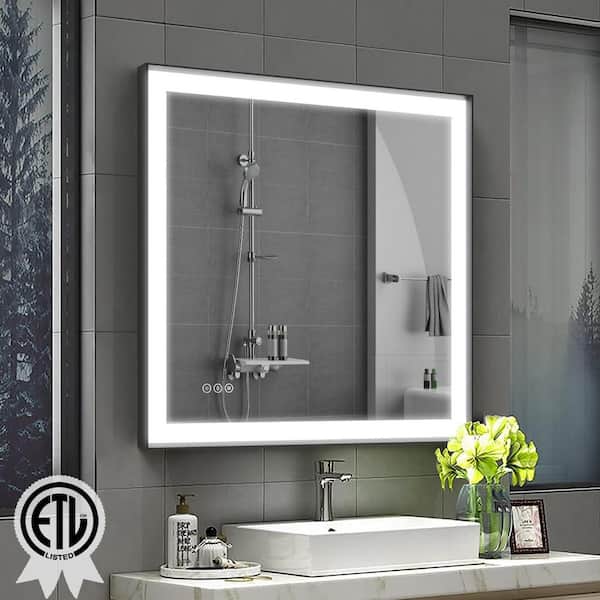 36 in.W x 36 in.H Square Black Aluminum Framed Anti Fog LED Lighted Modern Wall Bathroom Vanity Mirror in Tempered