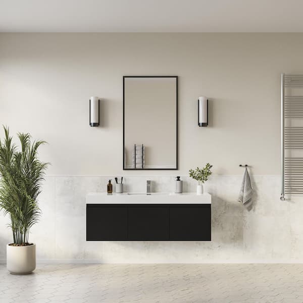 Mezzo 60 in. Modern Wall Hung Bath Vanity in Black with Vanity Top in White with White Basin