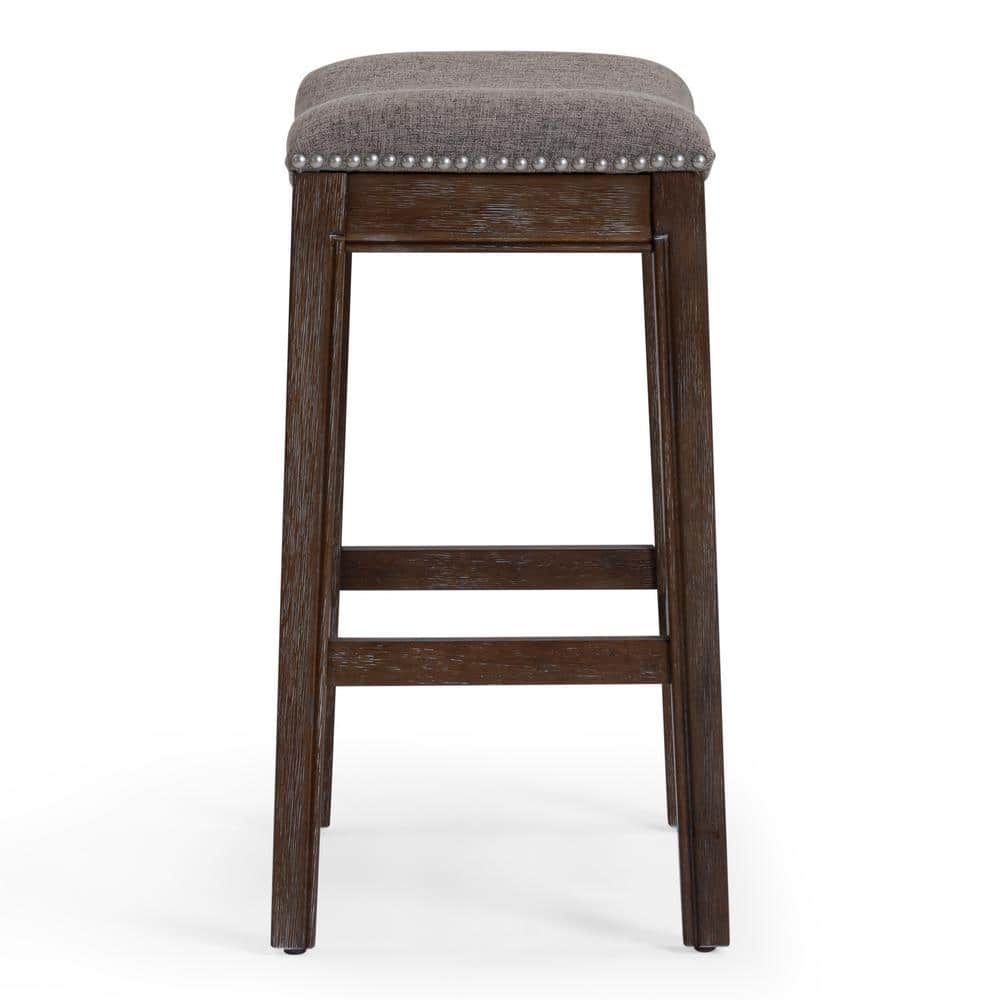 25" Saddle Style Wood Counter Stool in Cobble Gray with Nailhead Accents