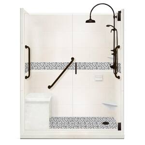 Del Mar Freedom Luxe Hinged 32 in. x 60 in. x 80 in. Right Drain Alcove Shower Kit in Natural Buff and BK Pipe Hardware