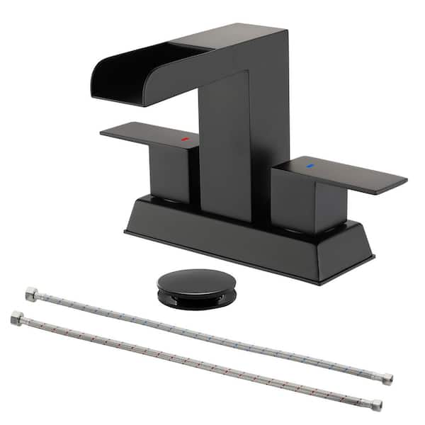 AIMADI 4 in. Centerset Double Handle Waterfall Bathroom Faucet with Pop-Up Drain 3 Hole Bathroom Sink Taps in Matte Black