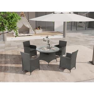 5 Piece Gray Wicker Patio Conversation Set with Gray Cushions, Round Tempered Glass Tabletop and Umbrella Hole