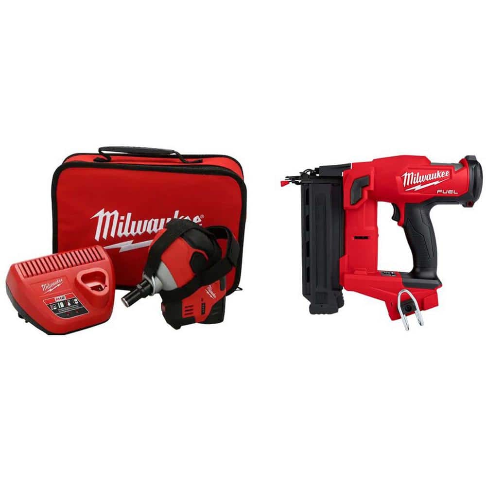Milwaukee M12 Cordless Palm Nailer Kit with One 1.5Ah Battery, Charger  w/M18 FUEL 18-Volt Brushless Cordless 18-Gauge Brad Nailer 2458-21-2746-20  -