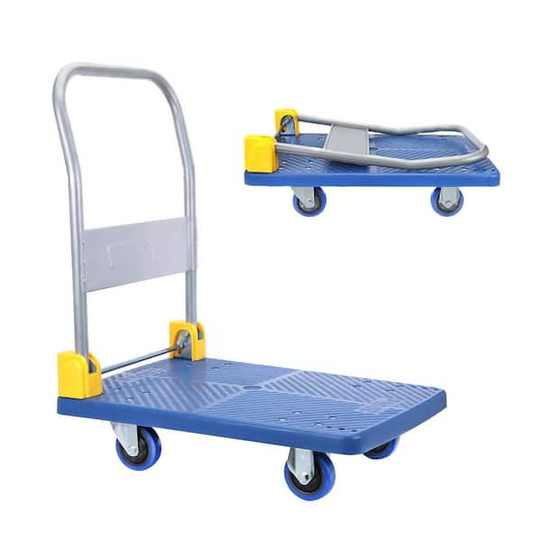 Blue 440 lb. D-Handle Foldable Push Hand Truck with 360-Degree Swivel Wheels for Loading and Storage