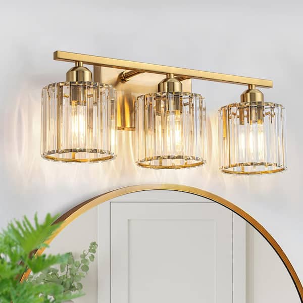 19 in. 3-Light Gold Bathroom Vanity Light with Cylinder Crystal Shades, Modern Wall Sconce Fixture Over Mirror