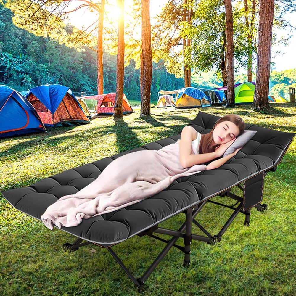Black Steel Portable Folding Camping Cot with Cushion