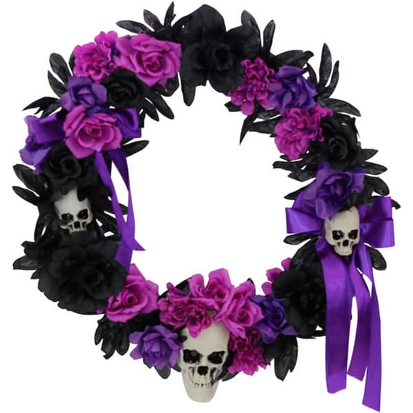 Haunted Hill Farm 22 in. Halloween Wreath with Flowers and Skulls