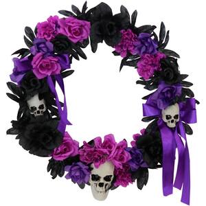 22 in. Halloween Wreath with Flowers and Skulls