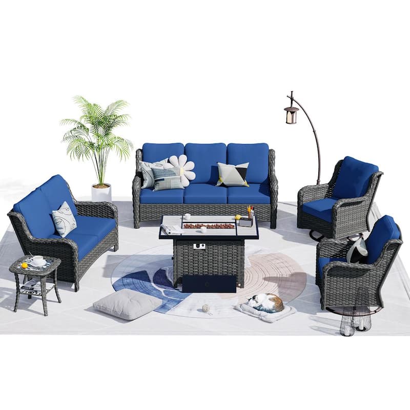 Mercury Gray 6-Piece Wicker Patio Rectangle Fire Pit Conversation Seating Set with Navy Blue Cushions