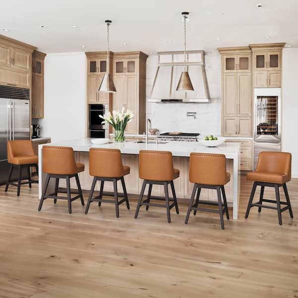 OrangeOne 26" Wood 360 Free Swivel Upholstered Bar Stool with Back, Performance Faux Leather in Brown Set of 6