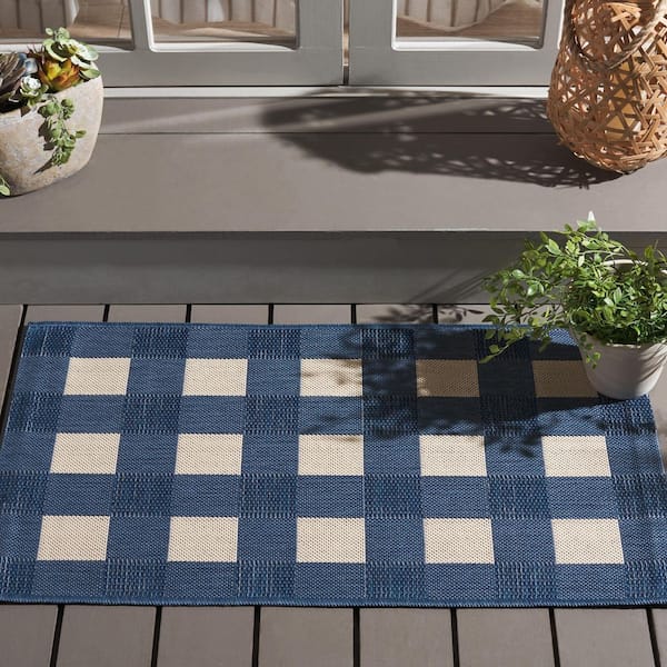 Courtyard Blue/Beige 3 ft. x 3 ft. Plaid Grid Indoor/Outdoor Square Area Rug