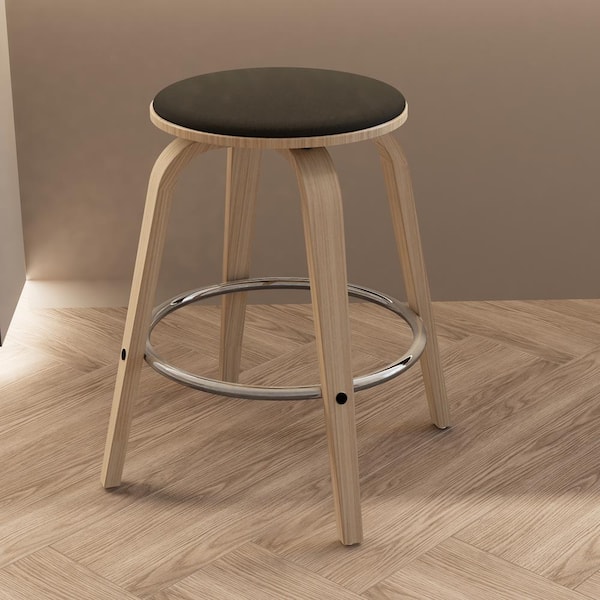 25 in. Counter Height Stool in Leather with Poplar Wood Legs and Iron Footrest 360-Swivel Seat in Washed Walnut/Black