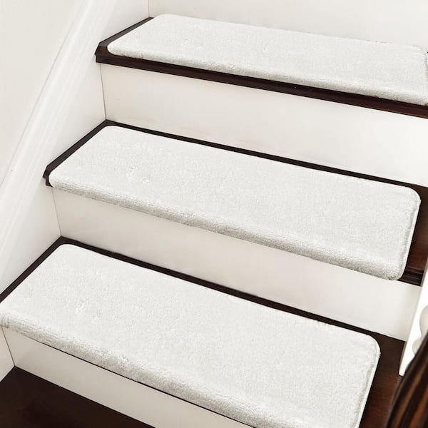 PURE ERA Plush White 9.5 in. x 30 in. x 1.2 in. Bullnose Carpet Stair Tread Cover Tape Free Non-slip Set of 14
