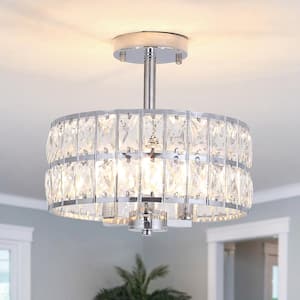 12.59 in. 3-Light Chrome Round Drum Semi-Flush Mount Ceiling Light with Clear Crystal and No Bulbs Included