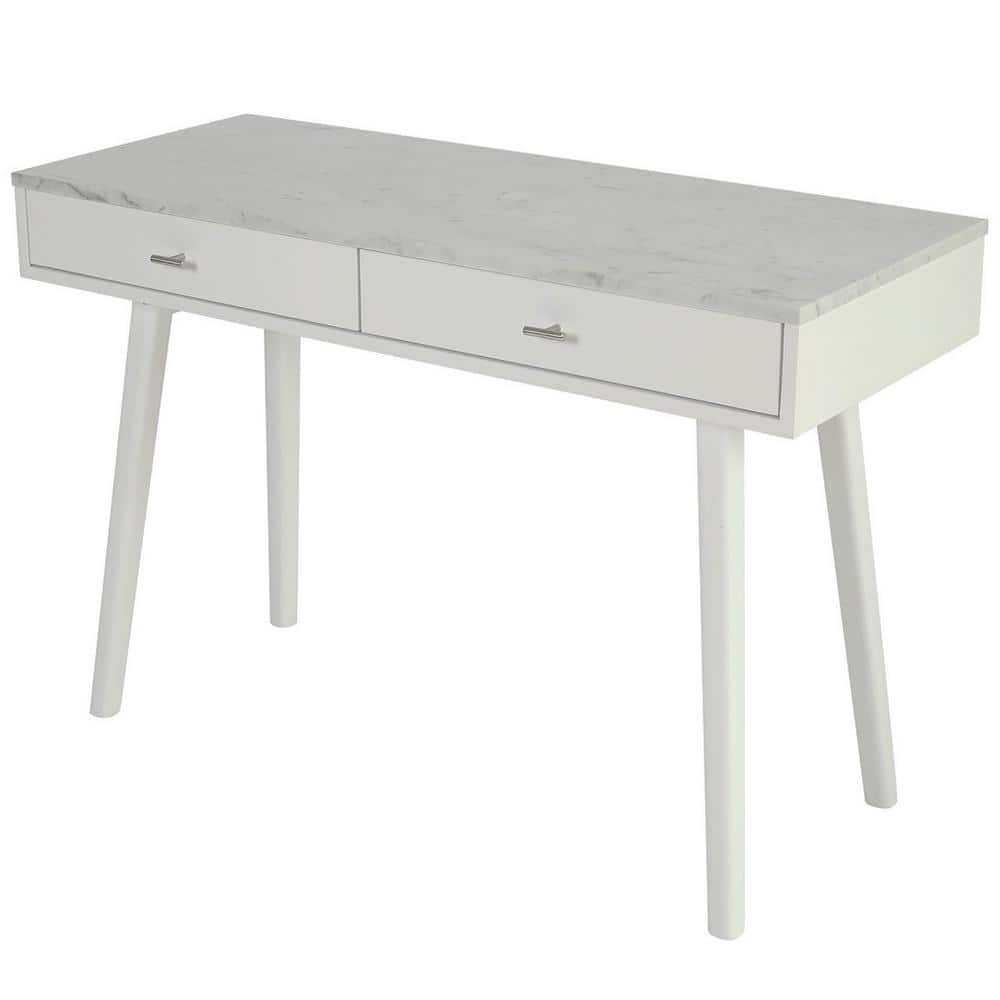 Bianco Flair 49" White Carrara Marble Writing Desk with Sleek Storage Drawers