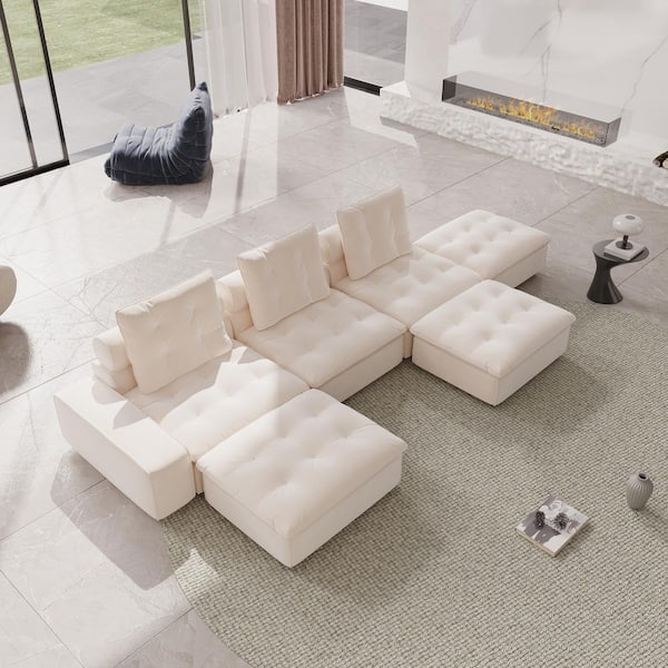 Down Filled Convertible Sofa, Miami 209 in. Square Arm 6-Seater Velvet Modular Sectional Couch for Apartment in Beige