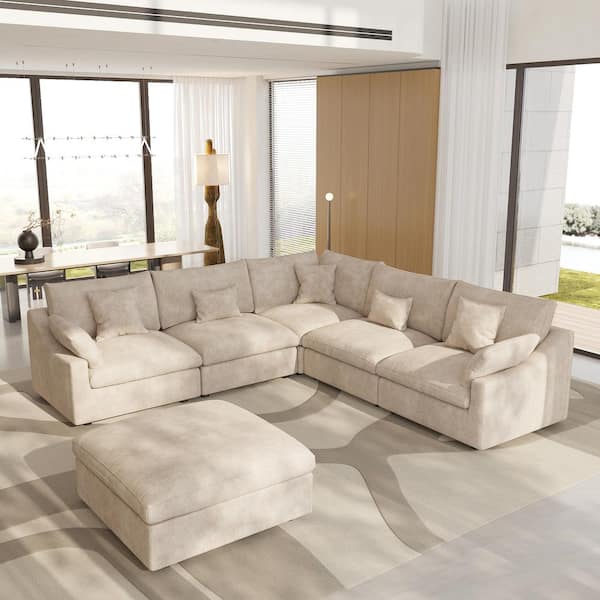 119.2 in. Slope Arm 6-piece Linen Deep Seat Feather Modular Corner Sectional Sofa with Removable Cover, Ottoman in Brown